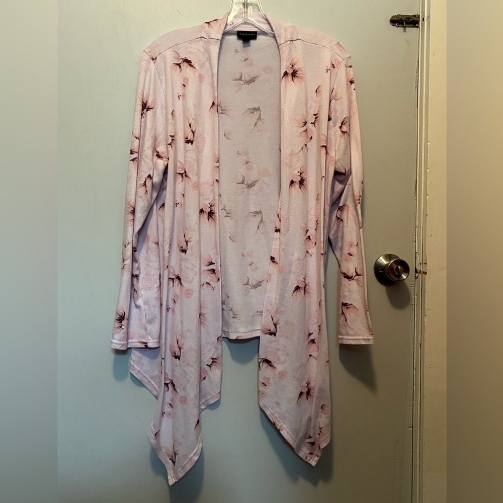 TAHARI Women Light Pink Floral Lightweight Open Front Cardigan | size Large